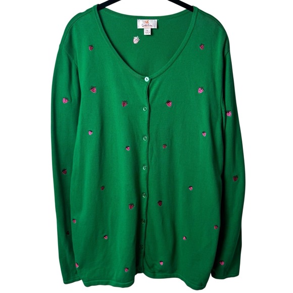 Vintage Quacker Factory Strawberry Embroidered Cardigan Novelty Eclectic XL - Picture 2 of 11